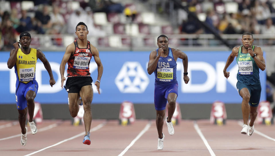 From right, Brazil's Rodrigo do Nascimento, Christian Coleman of the United States, Japan's Abdul Hakim Sani Brown and Barbados' Mario Burke compete during the men' 100 meters heats at the World Athletics Championships in Doha, Qatar, Friday, Sept. 27, 2019. (AP Photo/Petr David Josek)