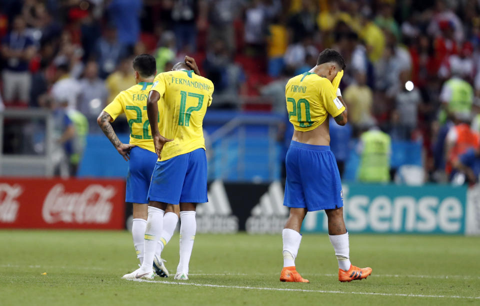 FILE - Brazil players react in dejection after they were defeated in the quarterfinal match between Brazil and Belgium at the 2018 soccer World Cup in the Kazan Arena, in Kazan, Russia, Friday, July 6, 2018. (AP Photo/Eduardo Verdugo, File)