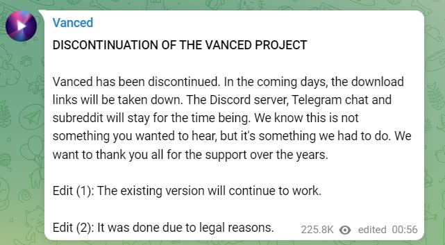 YouTube Vanced也在Telegram上表示，雖然官方提供的App下載連結目前已經刪除，但Discord社群、Telegram聊天室與 subreddit討論區將暫時保留。   圖：翻攝自Vanced Telegram