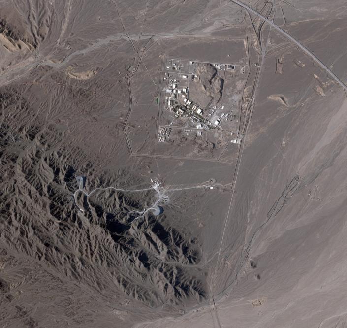 A satellite image taken on April 14, 2023, showing the facilities at Natanz, including the tunnel entrances to the south. Work on the tunnels is clearly visible underway, but the facility does not look close to being finished. <em>PHOTO © 2023 PLANET LABS INC. ALL RIGHTS RESERVED. REPRINTED BY PERMISSION</em>