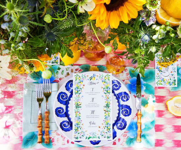 <p>CARMEL BRANTLEY</p> Tablecloth: Veranda Design, Courtesy Lisa Corti; Placemats and Flatware: Courtesy SoirÃƒÂ©e Everyday; Glassware: Cosimo Pink & Yellow by Campbell-Rey, Courtesy Collecto