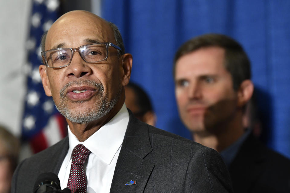 Kentucky Deputy Attorney General J. Michael Brown speaks to reporters following his introduction as transition chair for Kentucky Governor-Elect Andy Beshear in the state capitol rotunda in Frankfort, Ky., Friday, Nov. 15, 2019.(AP Photo/Timothy D. Easley)