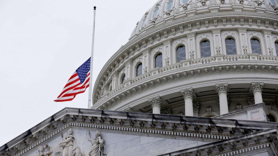PHOTO: The American flag at the U.S. Capitol flies at half staff in honor of U.S. Senator Dianne Feinstein (D-CA), who died overnight at her Washington home at the age of 90, on Capitol Hill in Washington, Sept. 29, 2023. (Jonathan Ernst/Reuters)