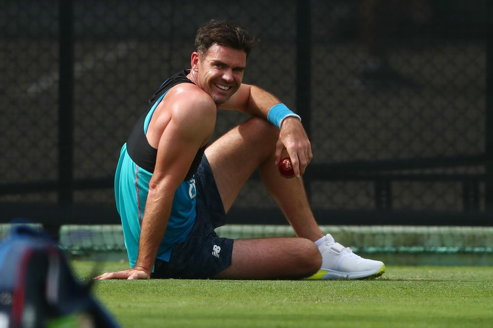 Seen here, James Anderson takes a break during an England nets session.