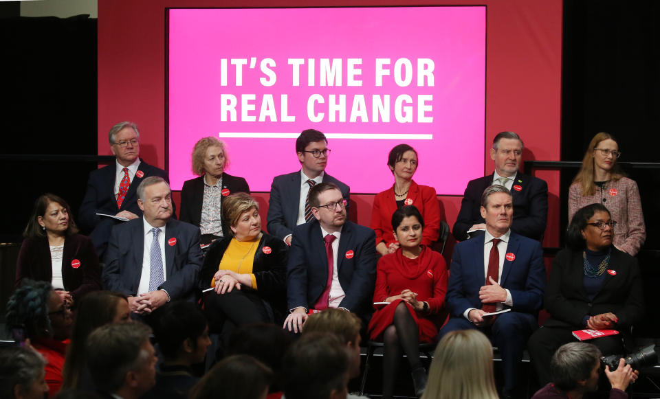 The shadow cabinet listen to Jeremy Corbyn during the launch of the Labour Party manifesto in Birmingham for the General Election. Picture dated: Thursday November 21, 2019. 