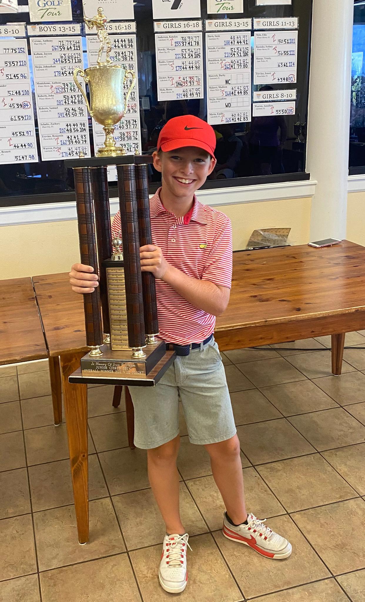 Jackson Helm holds the trophy after winning the Pee-Wee Division at the Junior Citrus golf tournament.