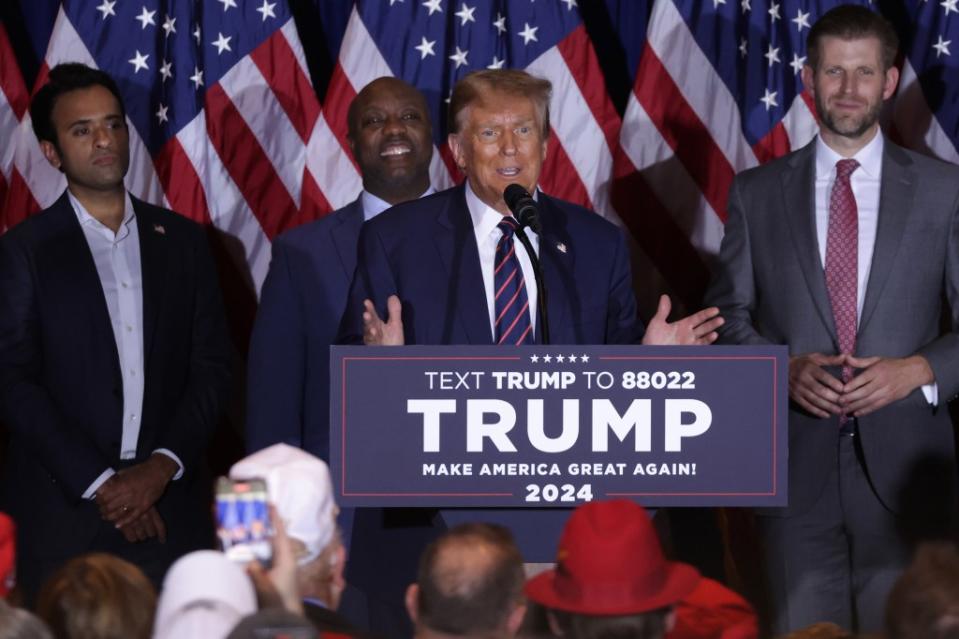 Former U.S. President Donald Trump delivers remarks alongside supporters, campaign staff, and family members during his primary night rally at the Sheraton on Jan. 23, 2024, in Nashua, New Hampshire. (Photo by Alex Wong/Getty Images)