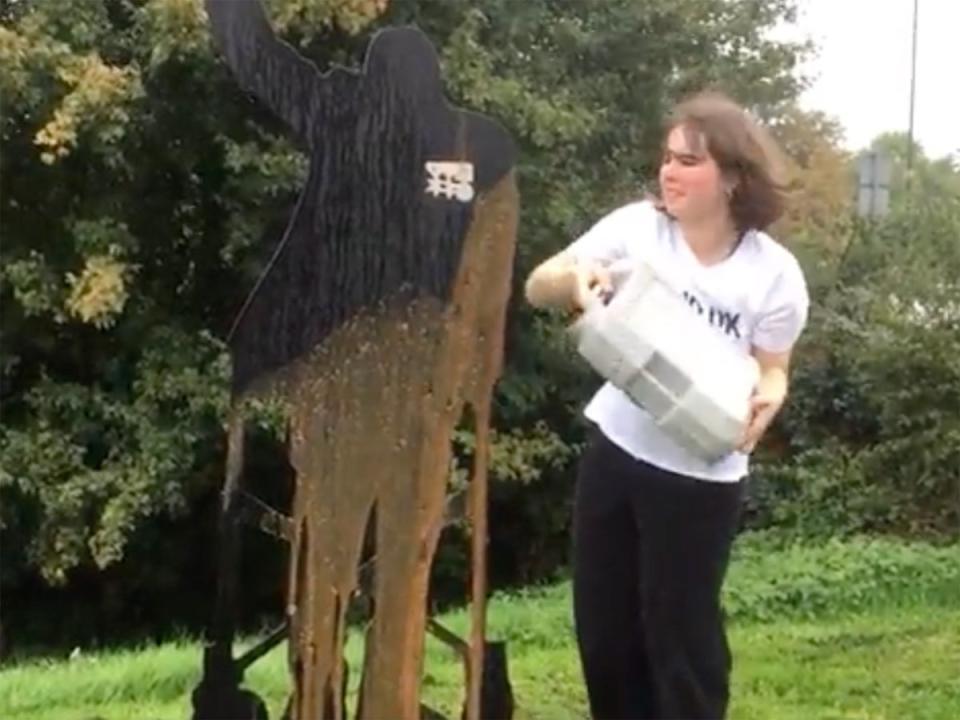 Maddie Budd pouring human waste on tribute on a tribute to Captain Tom (End UK Private Jets)