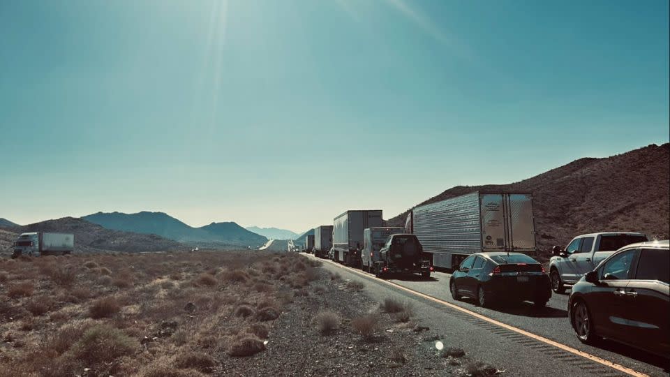 Cars are backed up on Interstate 40, as traffic between California and Las Vegas is rerouted due to an truck carrying hazardous materials overturning and catching fire on on Interstate-15. - Charles Gallagher