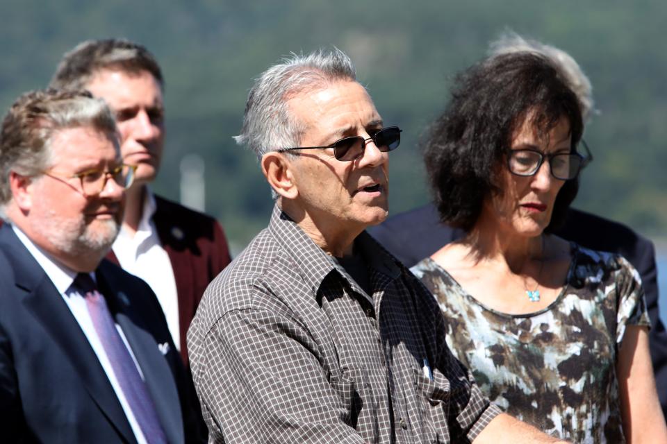 Roy and Lucille Ettere of Somers, whose daughter died by suicide, calls on the Bridge Authority to install suicide prevention fencing to five bridges in the Hudson Valley, including the Bear Mountain Bridge, Sept. 14, 2023 in Peekskill.
