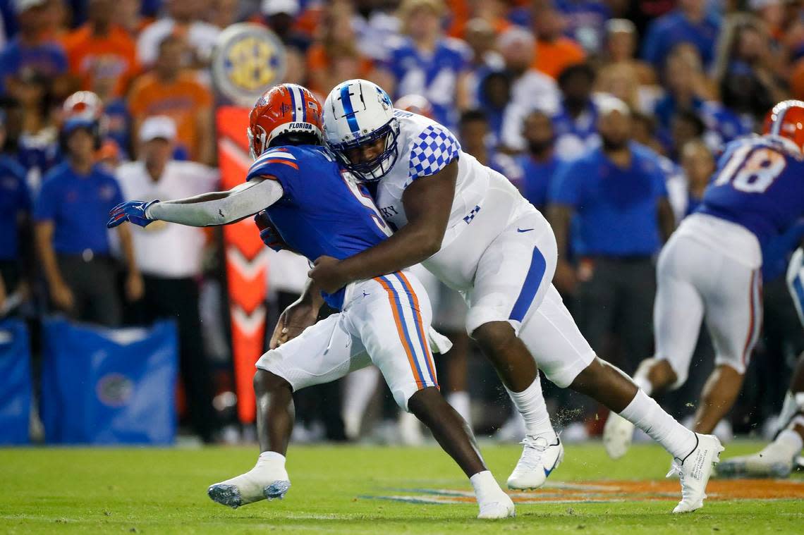 Kentucky defensive tackle Deone Walker (0) has made 17 tackles, with two tackles for loss, two quarterback hurries and two pass breakups.