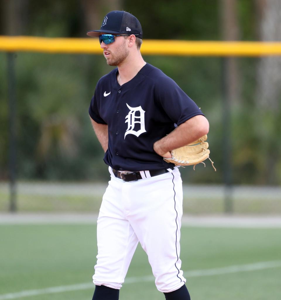 Tigers infielder Kody Clemens goes fields ground balls during Detroit Tigers spring training on Monday, March 14, 2022, at TigerTown in Lakeland, Florida.
