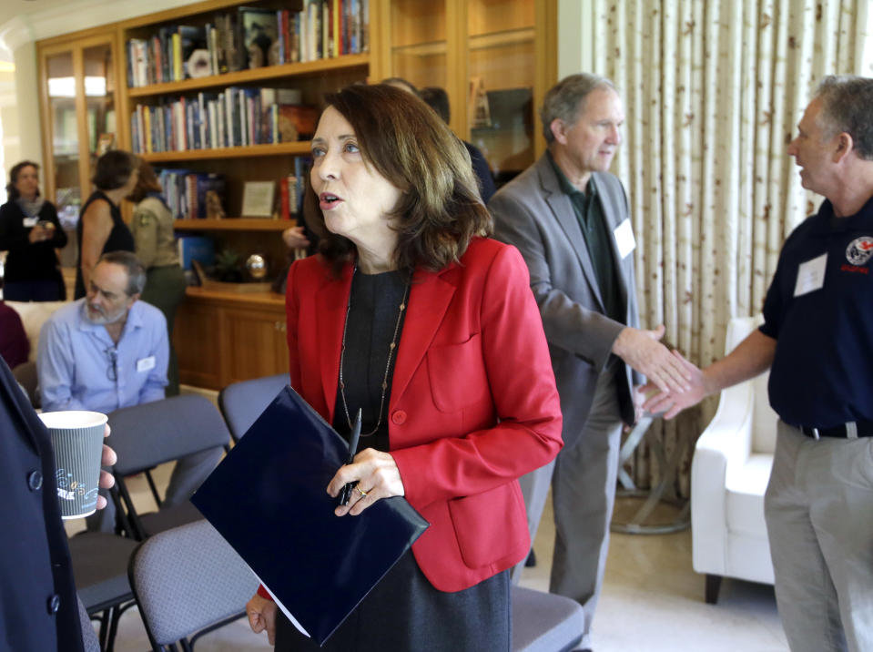 In this Monday, Sept. 10, 2018 photo, Washington U.S. Sen. Maria Cantwell is shown at a gathering in Vancouver, Wash. Democratic incumbent Cantwell has easily won re-election for U.S. Senate in Washington state in previous years but as she seeks her fourth-term this November, she is facing her most recognizable opponent, Republican Susan Hutchison. (AP Photo/Don Ryan)