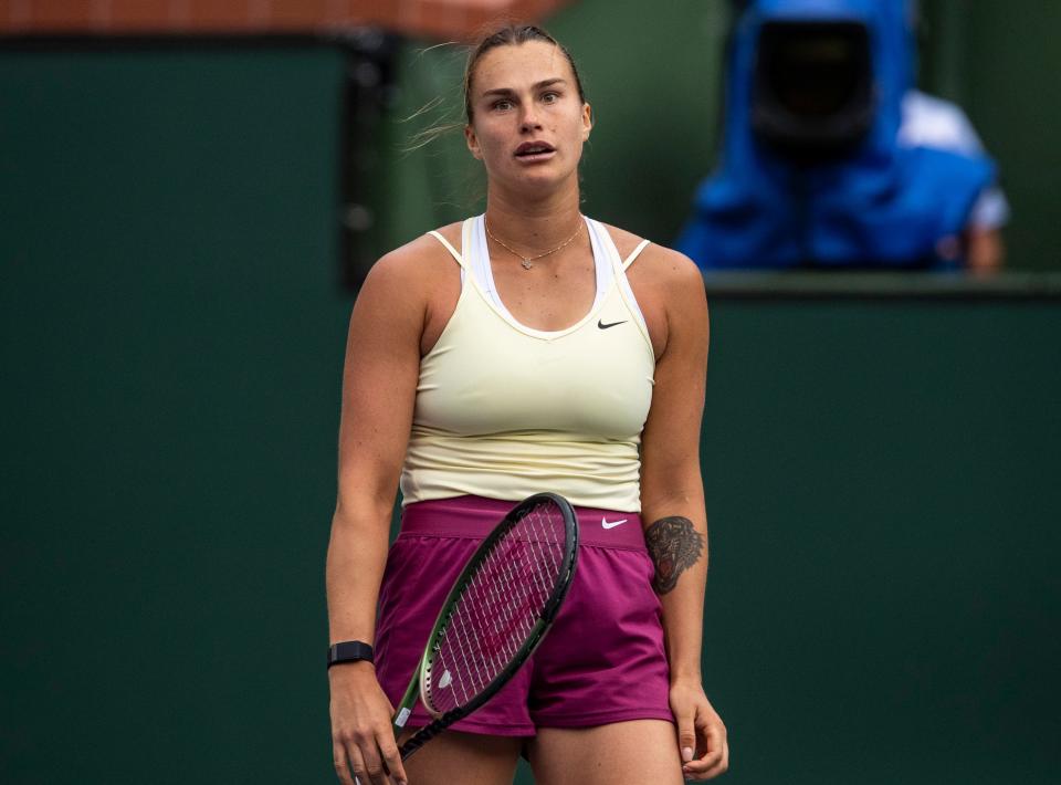 Aryna Sabalenka of Belarus reacts to a point lost to Elena Rybakina of Kazakhstan in the first set tie breaker during the women's singles final of the BNP Paribas Open at the Indian Wells Tennis Garden in Indian Wells, Calif., Sunday, March 19, 2023. 