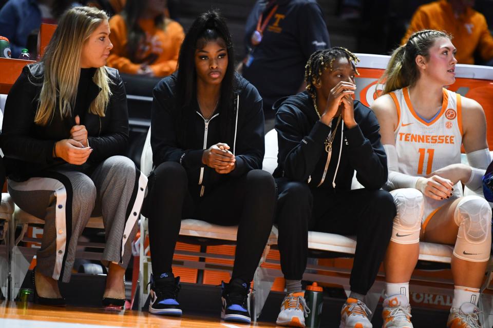 Tennessee's Rickea Jackson (2) on the bench during the NCAA college basketball game between Tennessee Lady Vols and Ohio State on Sunday, December 3, 2023 in Knoxville, Tenn.