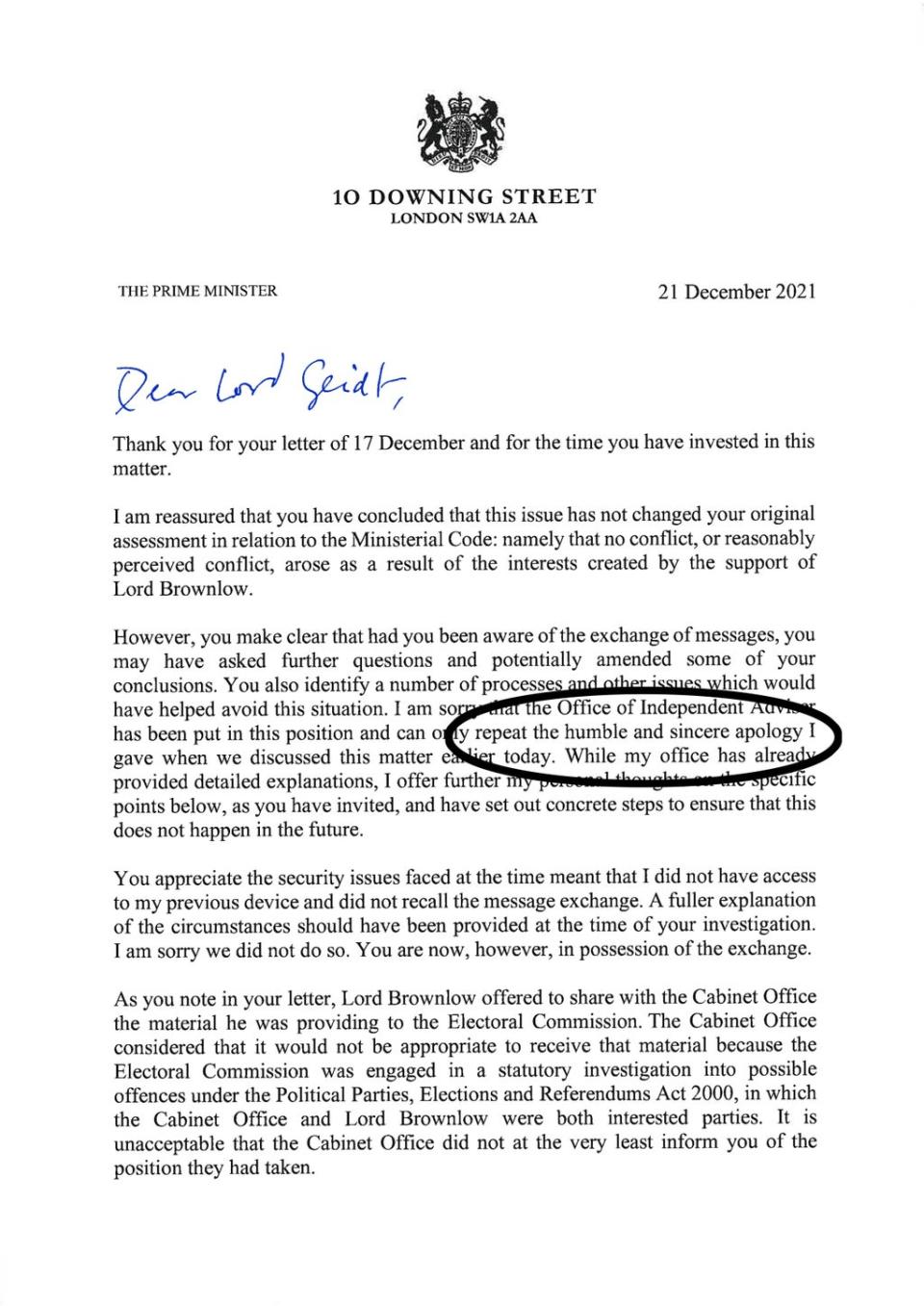 A page of the letter from the Prime Minister offering a ‘humble and sincere apology’ to Lord Geidt (Downing Street/PA) (PA Wire)