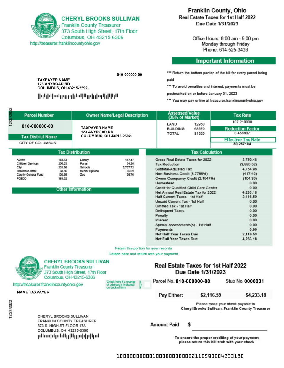 A sample Franklin County property tax bill