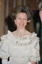 <p>It was diamond accessories a go-go for the Princess Royal when she attended a British Clothing Council fashion show in the early 1990s. </p><p>Her firm favourites – the ‘Festoon’ necklace, earrings and tasselled ribbon brooch from her brother, Prince Charles – proved a dazzling accompaniment for her creamy ruffled dress and white opera gloves. </p>