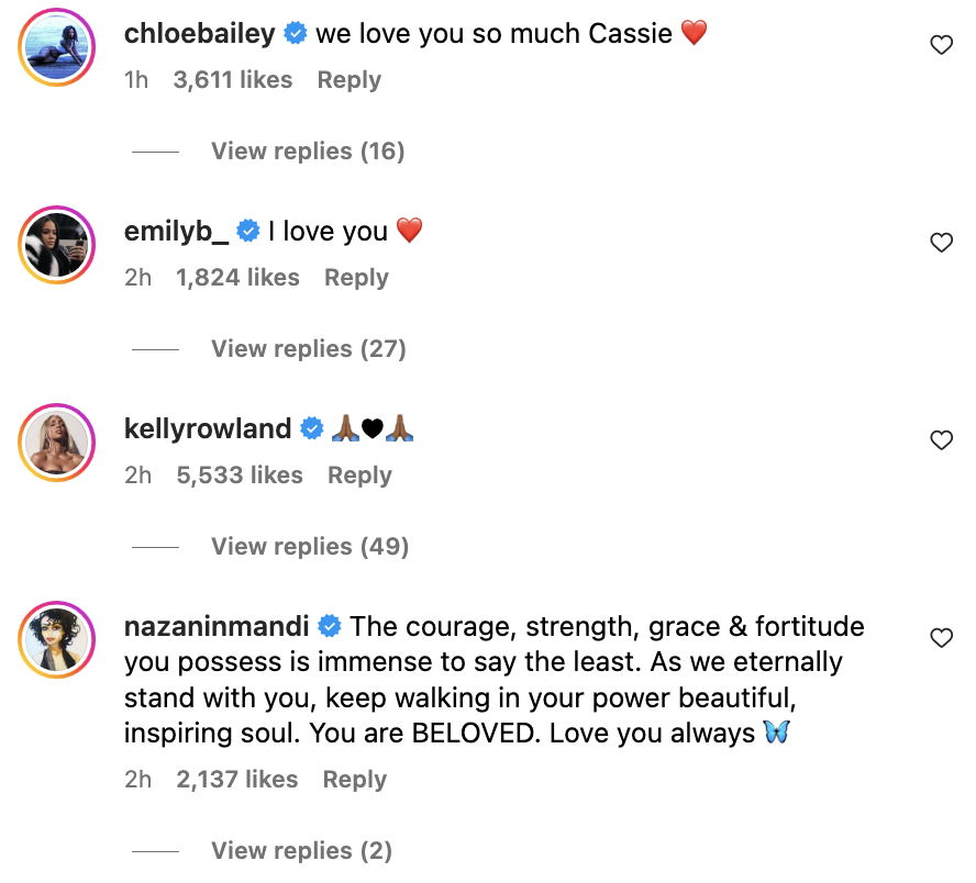 Instagram comments by Chloebailey, Emilyb, Kellyrowland, and Nazaninmandi showing support and love for Cassie