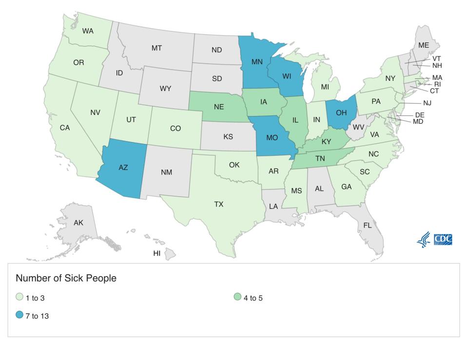 A map of where people impacted by contaminated cantaloupe are located.