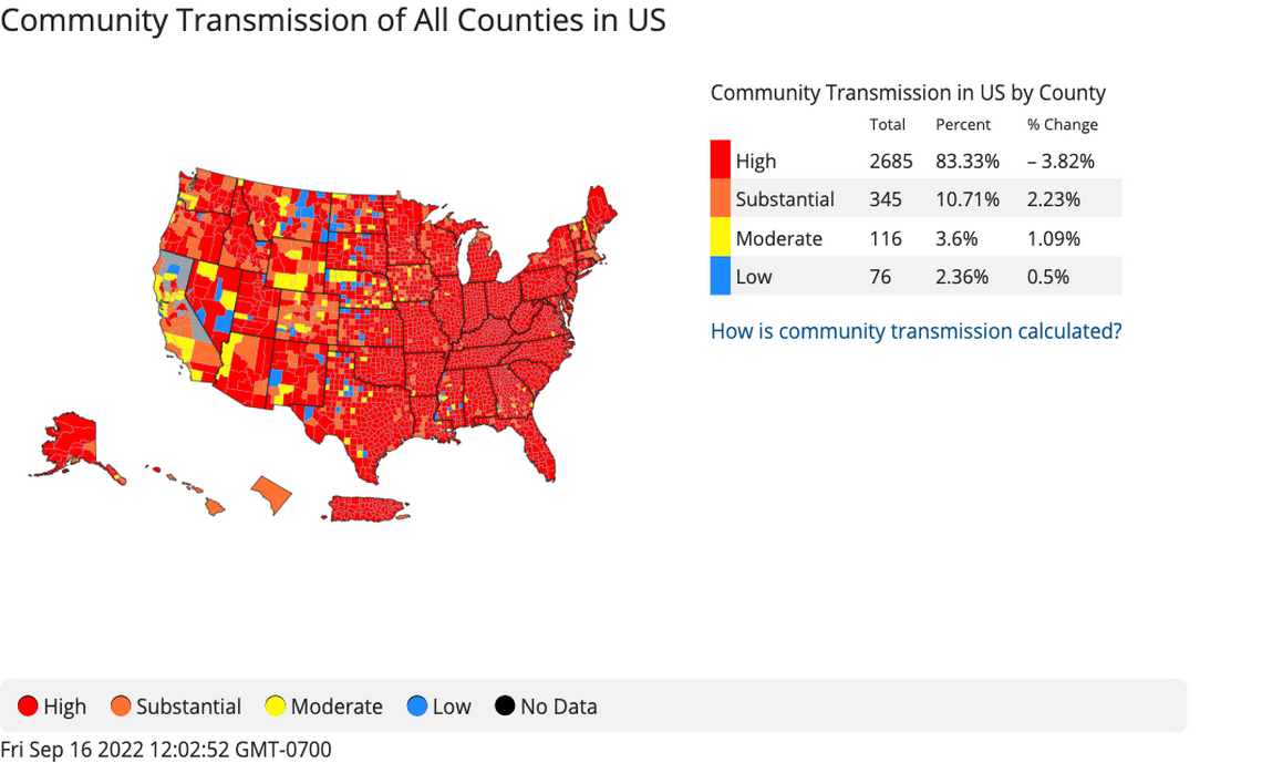 Community transmission levels reported this week by the CDC.