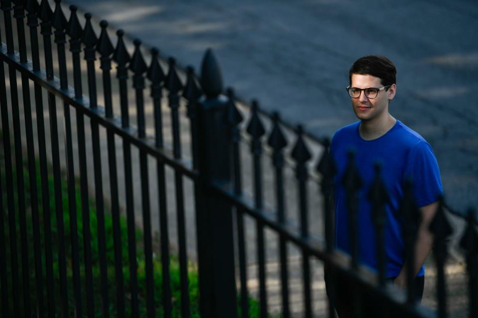 Andrew Pledger, former Bob Jones University student, poses for a portrait outside of BJU on Wednesday, Aug. 16, 2023.