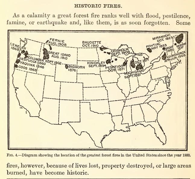 A map of large fires in the U.S. in the late 19th and early 20th centuries, from a 1912 U.S. Department of Agriculture Forest Service bulletin by geographer Fred G. Plummer.