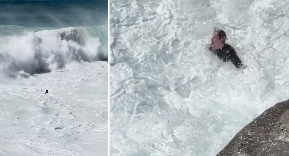 Left, the surfer appears small in comparison to the large crashing waves with the lifesaver just out of shot. Right, the surfer gasps for air. 