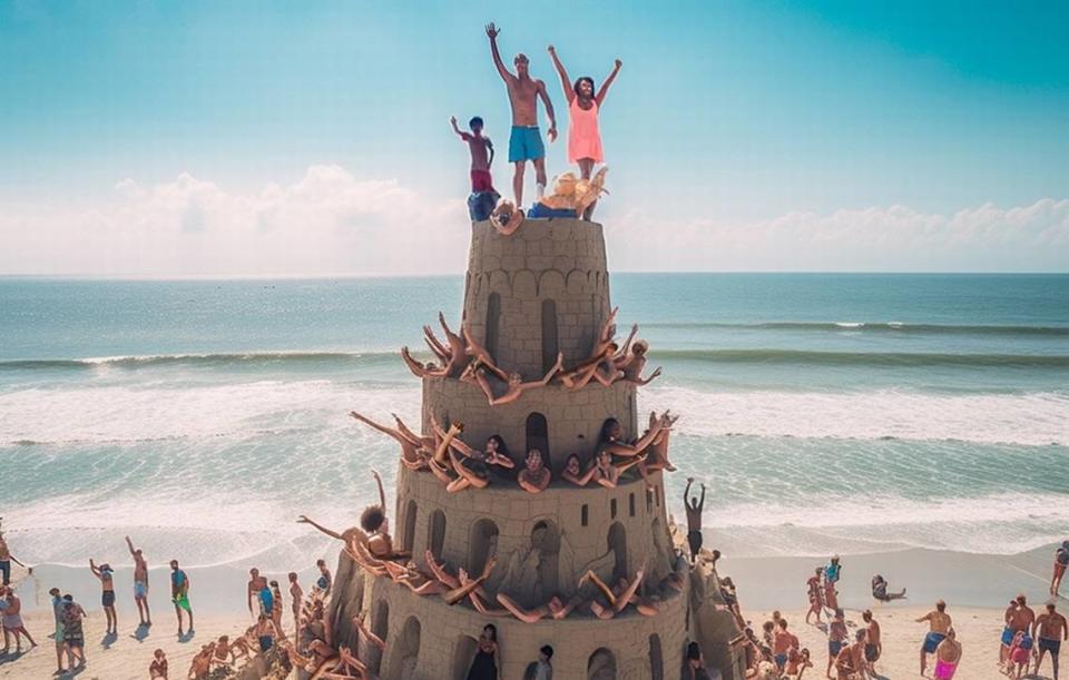 An AI-generated human sandcastle on the beach. Visit Myrtle Beach called the city “Mitarry Best” in a Reddit advertising campaign. Sept. 14, 2023. MMGY Global/Eleanor Nash
