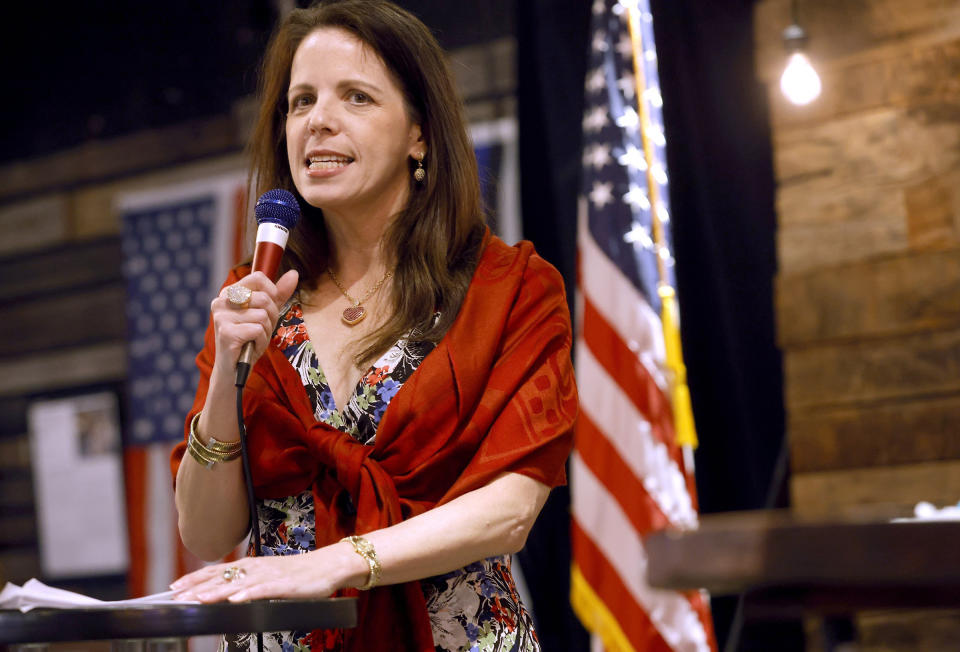 Dr. Simone Gold, founder of America's Frontline Doctors, speaks at an event in Jenks, Okla., on June 30, 2021.<span class="copyright">John Clanton—Tulsa World/AP</span>