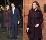 <p>Mom-to-be Kate wore this burgundy boucle coat from maternity brand Séraphine while pregnant with Princess Charlotte in December 2014 and again in December 2017 while she was expecting Prince Louis. </p>