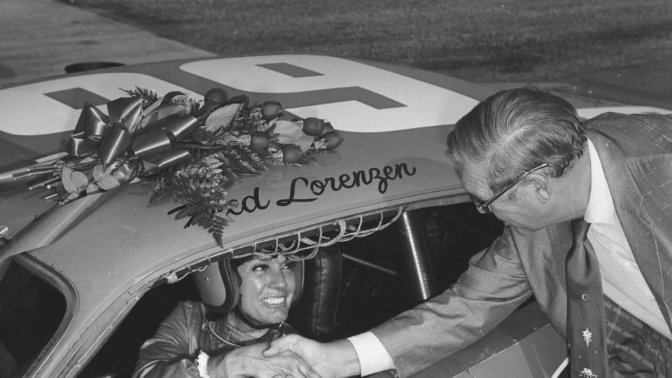 talladega, al august 20, 1971 paula murphy chats with nascar president bill france, sr before her record setting run in fred lorenzen's andy granatelli owned stp plymouth at talladega murphy ran 171499 mph, which at the time was a world's closed course record for a female driver photo by isc images archives via getty images