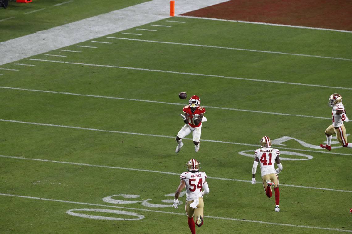 Chiefs receiver Tyreek Hill catches a 44 yard pass in the fourth quarter of Super Bowl LIV at Hard Rock Stadium in Miami Gardens, Fla. on Sunday, Feb. 2, 2020. (Scott McIntyre/The New York Times)