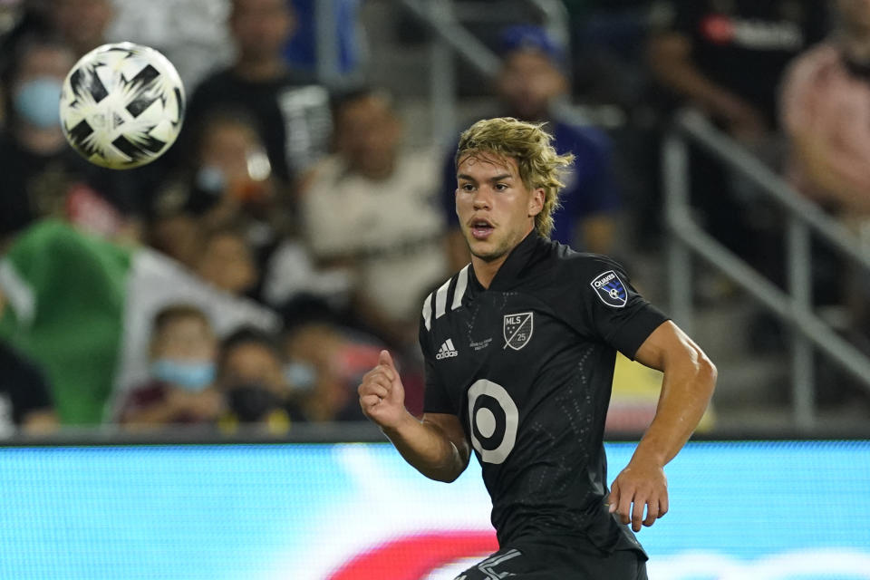 FILE - San Jose Earthquakes forward Cade Cowell (44) controls the ball during the second half of the the MLS All-Star soccer match against the Liga MX All-Stars on Wednesday, Aug. 25, 2021, in Los Angeles. The gradual buildup of Major League Soccer's academy system over the past decade has led to an increasingly young talent pool. Cowell grabbed attention last season, appearing in 33 matches for the San Jose Earthquakes including 14 starts. (AP Photo/Ashley Landis, File)