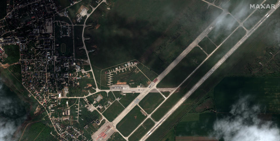 This satellite image provided by Maxar Technologies shows the Saki Air Base on May 16 2022, in the Crimean Peninsula, the Black Sea peninsula seized from Ukraine by Russia and annexed in March 2014. Ukraine's air force said Wednesday, Aug. 10 that nine Russian warplanes were destroyed in a deadly string of explosions at an air base in Crimea that appeared to be the result of a Ukrainian attack, which would represent a significant escalation in the war. (Satellite image ©2022 Maxar Technologies via AP)