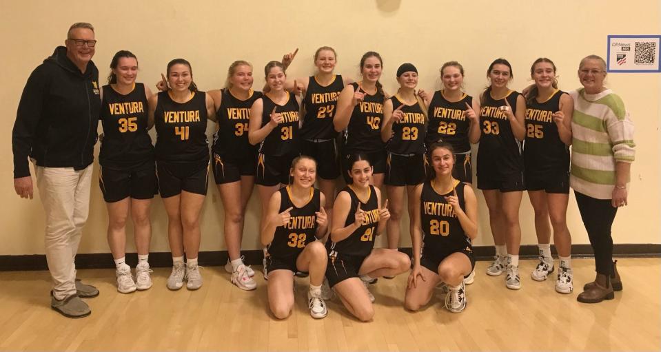 The Ventura High girls basketball team poses for a photo after defeating Dos Pueblos 57-42 on Thursday night to clinch the outright Channel League championship.