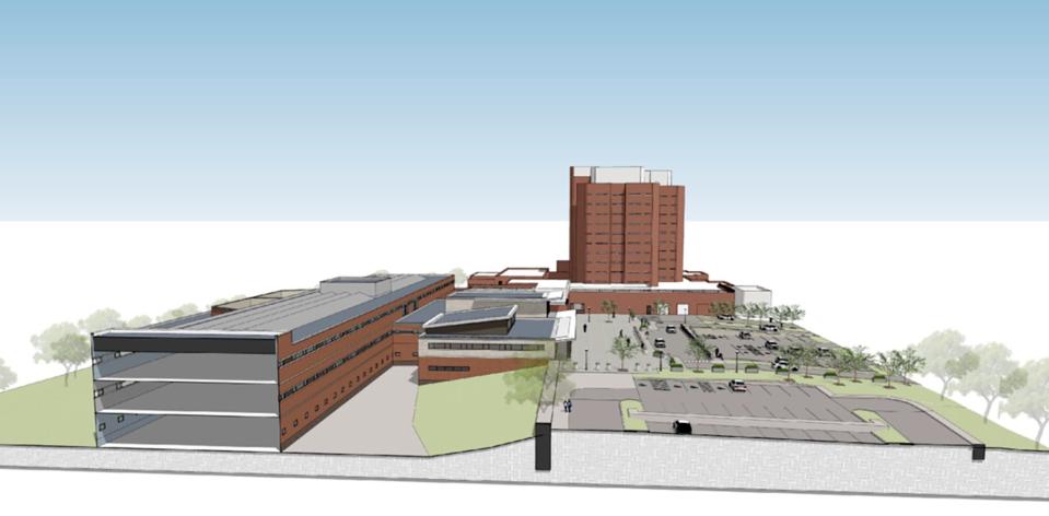 A rendering of the exterior to a proposed $228 million central intake center at the county jail complex in Mount Clemens that would have services for those brought to the lockup with mental health and substance abuse issues.