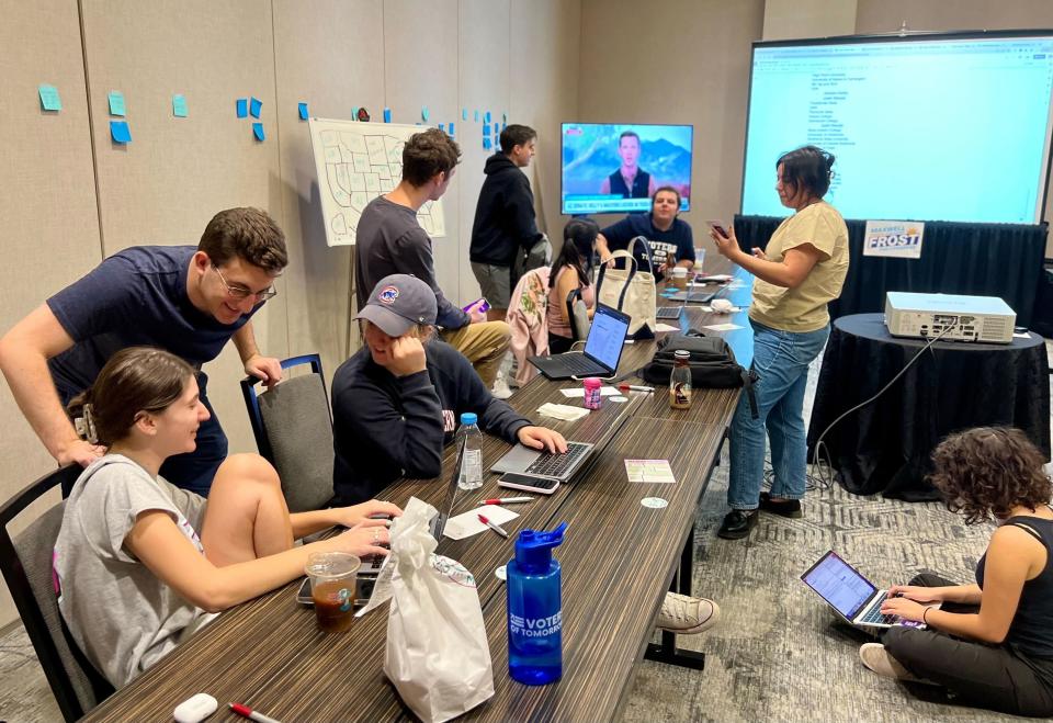 Members of the Voters of Tomorrow team coordinate on-the-ground operations in over 20 states in Washington, DC, on Nov. 7, 2022.