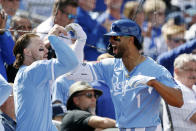 Kansas City Royals' MJ Melendez (1) celebrates with Bobby Witt Jr., left, after hitting a two-run home run during the seventh inning of a baseball game against the Chicago White Sox in Kansas City, Mo., Sunday, April 7, 2024. (AP Photo/Colin E. Braley)