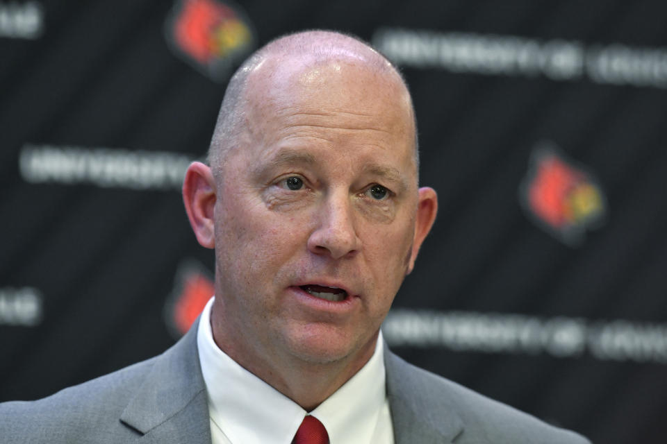 Jeff Brohm speaks after he was introduced as Louisville football coach in Louisville, Ky., Thursday, Dec. 8, 2022. (AP Photo/Timothy D. Easley)