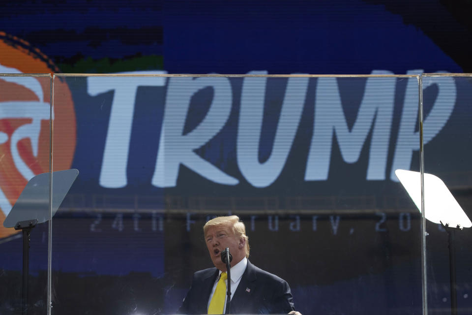 President Donald Trump speaks during a "Namaste Trump," event at Sardar Patel Gujarat Stadium, Monday, Feb. 24, 2020, in Ahmedabad, India. (AP Photo/Alex Brandon)