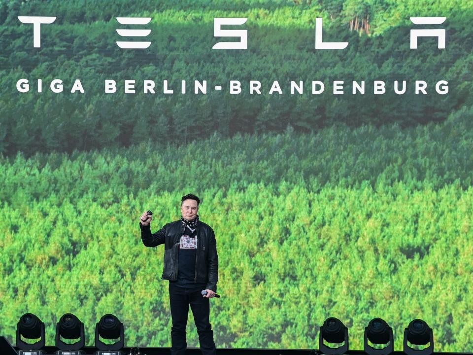 Elon Musk, Tesla CEO, stands on a stage at the Tesla Gigafactory for the open day in Grünheide, east of Berlin.