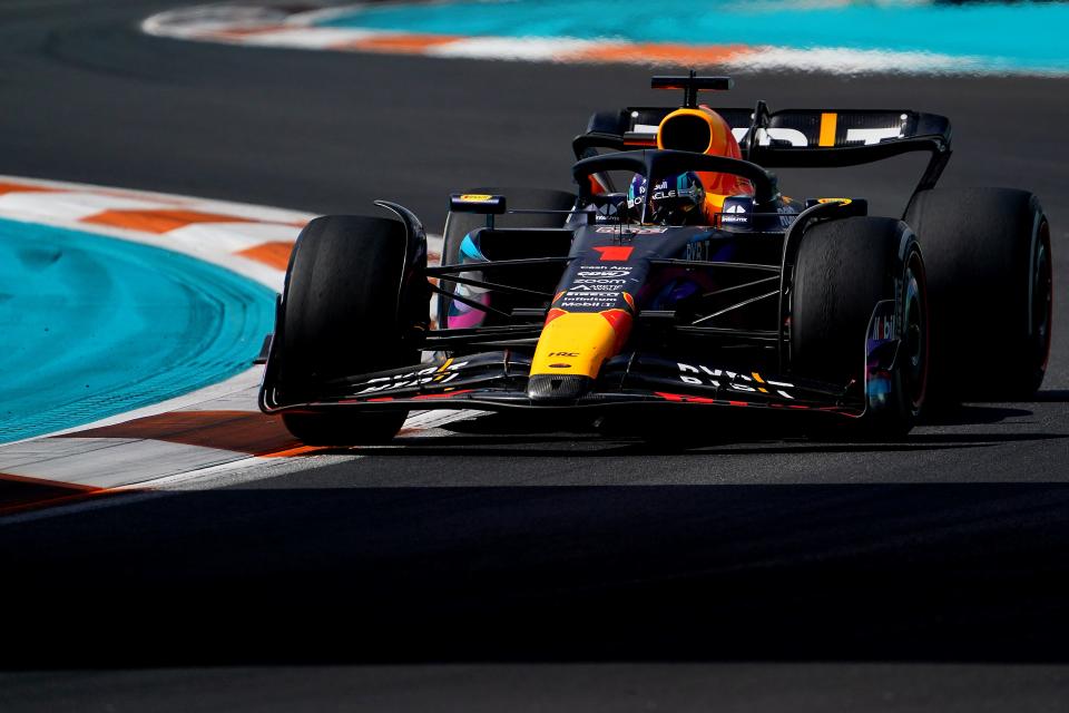 Red Bull driver Max Verstappen (1) of the Netherlands during Sunday's Miami Grand Prix at Miami International Autodrome.