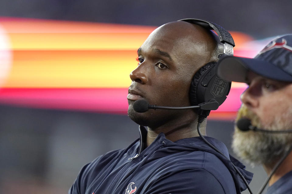 Houston Texans coach DeMeco Ryans watches during the first half of the team's NFL preseason football game against the New England Patriots, Thursday, Aug. 10, 2023, in Foxborough, Mass. (AP Photo/Steven Senne)