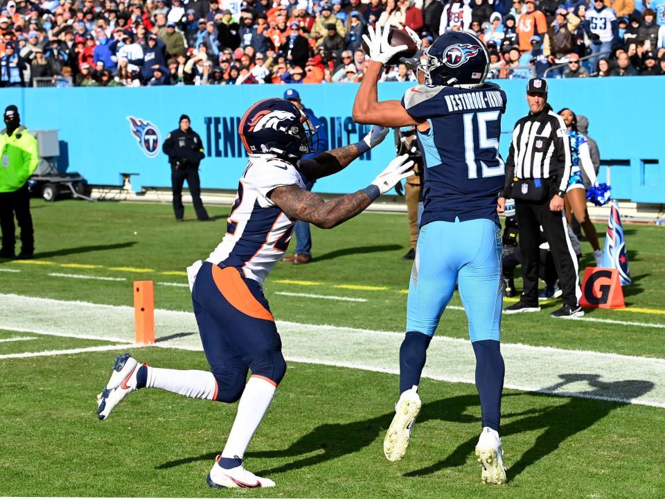 Nick Westbrook-Ikhine catches a touchdown against the Denver Broncos.