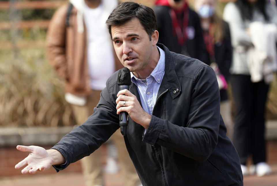 FILE - State Sen. Jeff Jackson, D-Mecklenburg, speaks to students while campaigning at North Carolina State University in Raleigh, N.C., Nov. 3, 2021. Jackson faces two other Democrats in the March 5 primary election as he runs for North Carolina attorney general. (AP Photo/Gerry Broome, File)