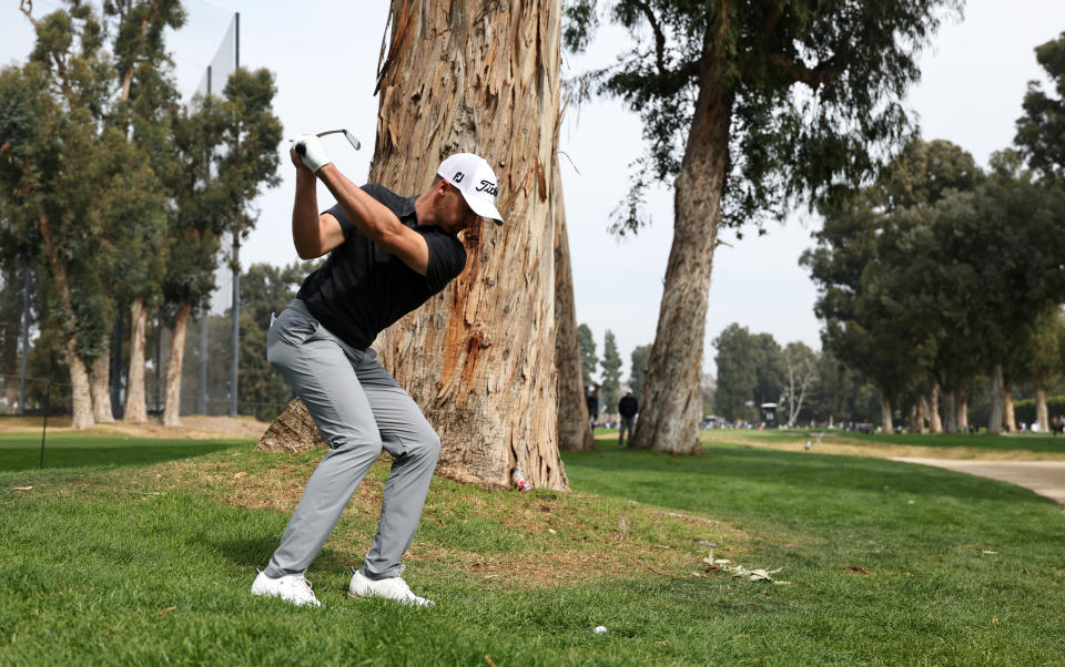 Wyndham Clark of the United States plays a second shot on the 11th hole during the second round of The Genesis Invitational at Riviera Country Club on February 16, 2024 in Pacific Palisades, California. (Photo by Michael Owens/Getty Images)