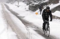 Jerry Lee Miller rides his bicycle during a snow storm in Toronto, December 14, 2013. Approximately 15 to 20 cm of snow may fall by Sunday morning for areas near the Lakeshore in Toronto and Mississauga, according to weather forecaster Environment Canada. REUTERS/Aaron Harris (CANADA - Tags: ENVIRONMENT SOCIETY)