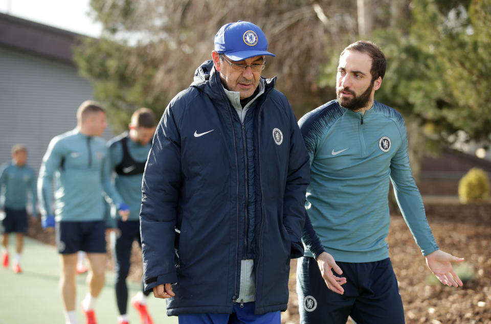 Chelsea’s transfer ban could prevent manager Maurizio Sarri (left) from signing stars like Gonzalo Higuain outright. (Adam Davy/Getty)