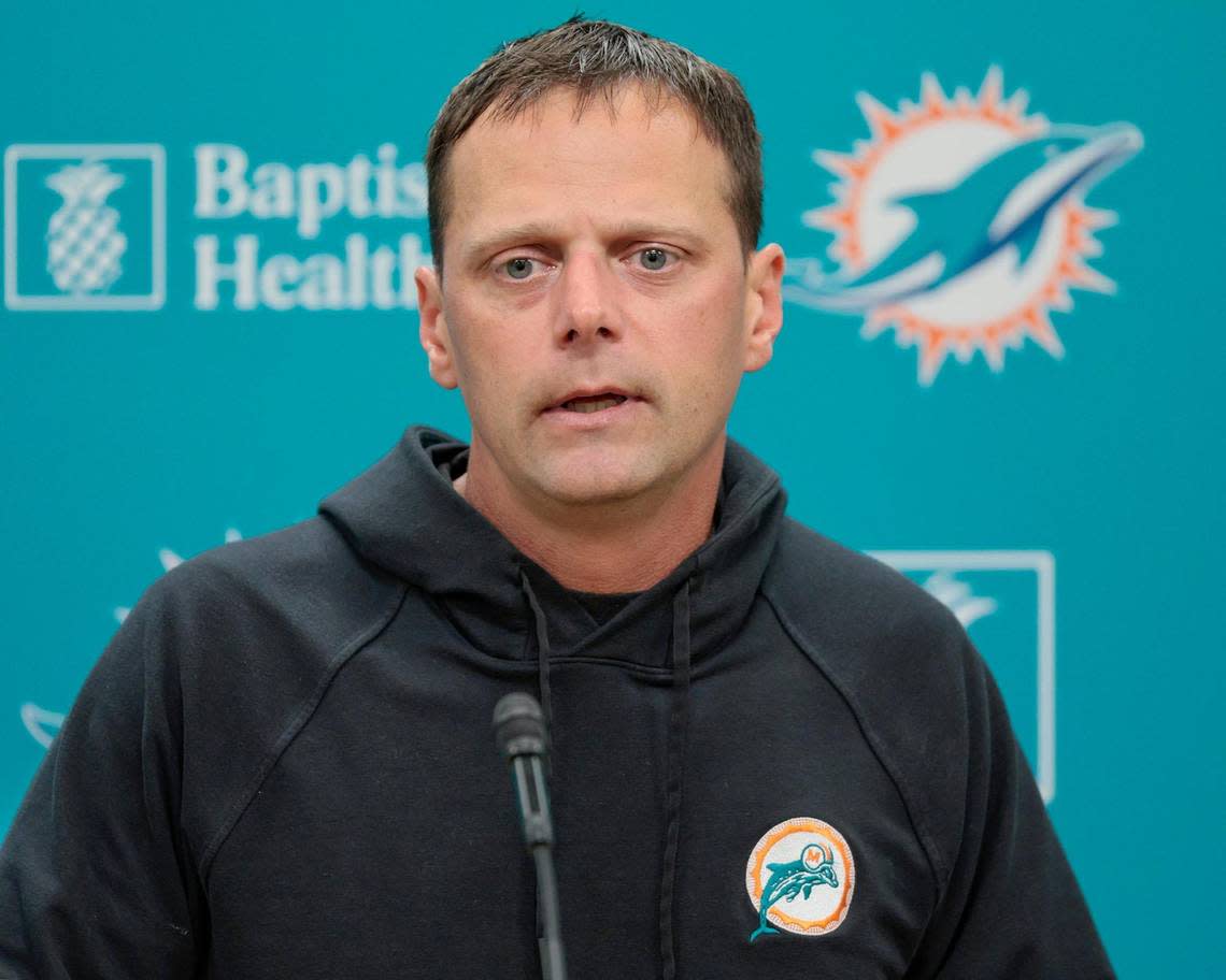 Miami Dolphins defensive coordinator Josh Boyer speaks to reporters before practice at the Baptist Health Training Complex in Miami Gardens on Thursday, September 8, 2022.